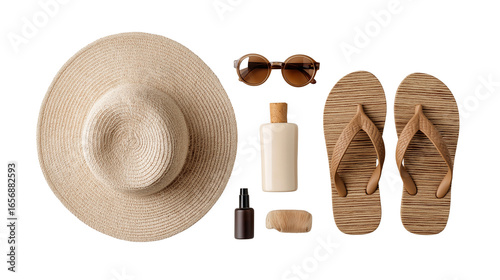 flat lay of summer beach essentials, straw hat, sunglasses, sunscreen bottle, seashells png 