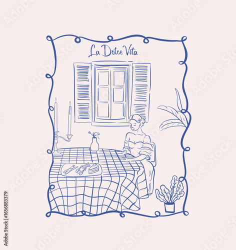 Italian girl in dinner table vector art, Royal dinner hand drawn illustration, La Dolce Vita dinner vector artwork for t shirt, poster, graphic print, wall art