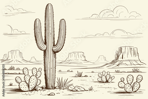 Black White Sketch Desert, Hand Drawn Cactus Landscape, Western Vintage Illustration, Cowboy Desert Style, Rustic Line Art, Classic Southwest Scene