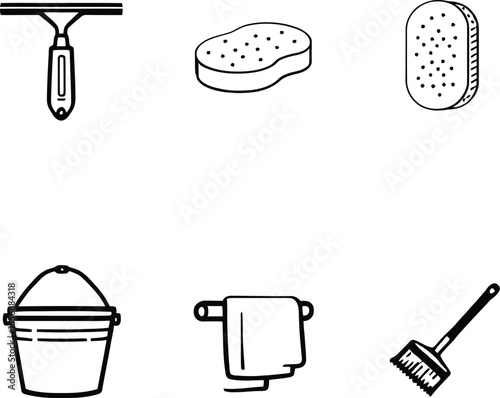 A set of cleaning tools including a squeegee sponges bucket towel and broom in a simple line drawing