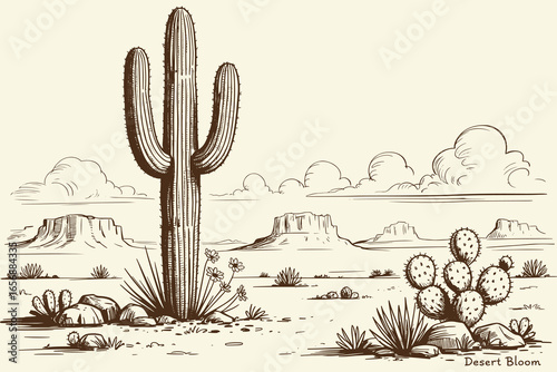 Black White Sketch Desert, Hand Drawn Cactus Landscape, Western Vintage Illustration, Cowboy Desert Style, Rustic Line Art, Classic Southwest Scene