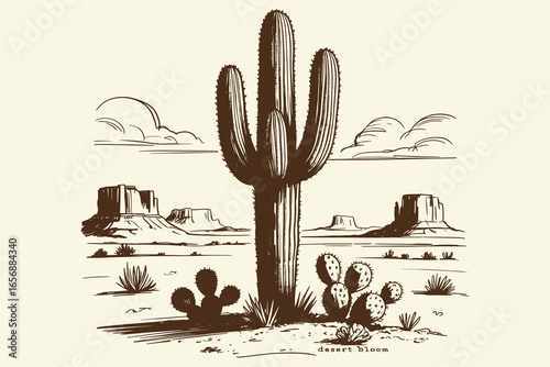 Black White Sketch Desert, Hand Drawn Cactus Landscape, Western Vintage Illustration, Cowboy Desert Style, Rustic Line Art, Classic Southwest Scene