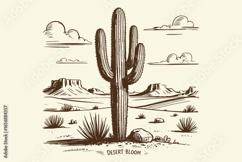 Black White Sketch Desert, Hand Drawn Cactus Landscape, Western Vintage Illustration, Cowboy Desert Style, Rustic Line Art, Classic Southwest Scene