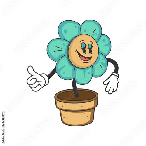 Upbeat cartoon flower character in a pot gives a thumbs up, radiating positivity and growth for your projects