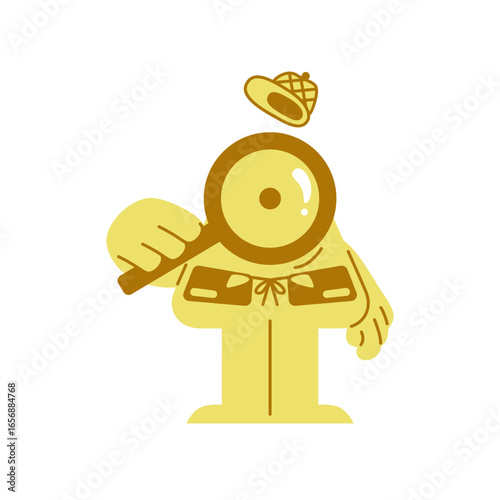 Curious cartoon detective with magnifying glass and deerstalker hat investigating a mystery with keen observation and sharp focus