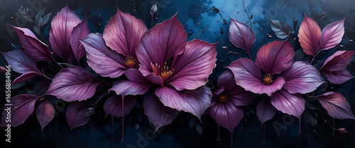 large abstract petals and leaves hovering in near-black blue/eggplant background, layered glazing and thick highlights, chiaroscuro depth, copper and burgundy micro-accents, dramatic edge contrast, ve