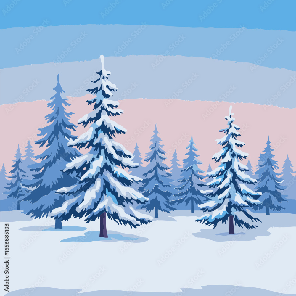Fototapeta premium Snow-covered pine trees in a winter forest at dawn. Peaceful winter landscape with snow-laden evergreens and a soft, light-blue sky transitioning to a subtle pink at the horizon.