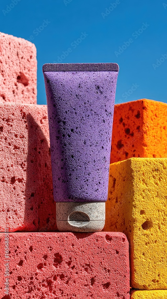 Obraz premium Purple Skincare Product on Colorful Sponge Blocks