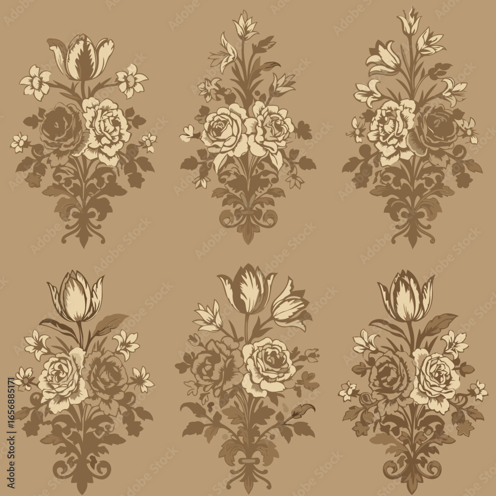 Fototapeta premium Ornate floral bouquet design with decorative elements in a muted taupe color palette. Elegant and symmetrical arrangements of roses and tulips, detailed and intricate in design.
