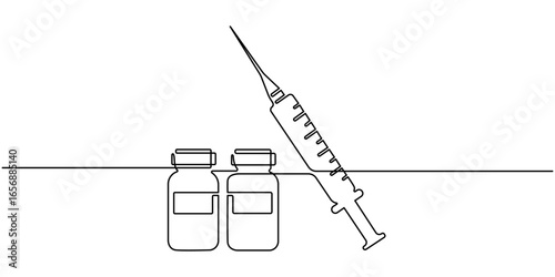 One continuous line drawing of medicine set with syringe and vial, Medical syringe and medicine vial. Pharmaceutical components and vaccine symbol in a simple linear style editable stroke.