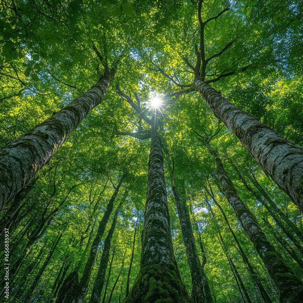 Fototapeta premium Sun shining through tall forest trees.