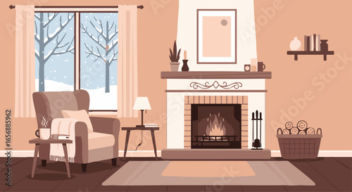 Cozy Winter Living Room with Fireplace and Snowy Window Scene Illustration for Home Decor Concepts
