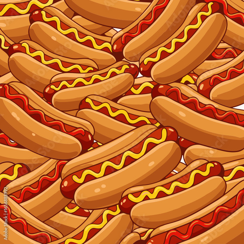 Hot dog pattern with ketchup and mustard in various overlapping positions. Cartoon hot dogs in a food illustration.
