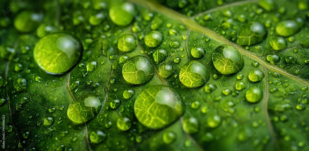 Fototapeta premium Close-up of water droplets on a green leaf, macro photography, stock photo style, green background, high resolution