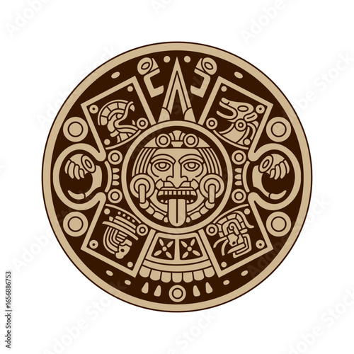 Intricate Aztec Sun Stone calendar depiction featuring jaguar and serpent motifs in a traditional decorative style