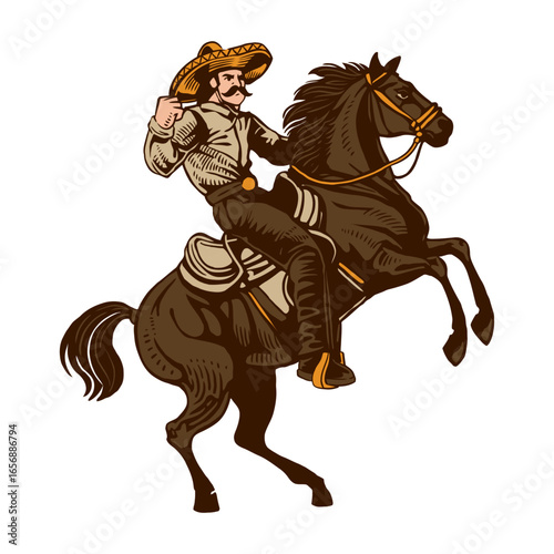 Charro cowboy on rearing horse wearing sombrero and traditional attire with detailed saddle and bridle