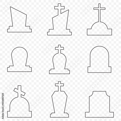 Vector Tombstone Silhouettes – Graveyard Memorial and Funeral Headstones in editable stroke on Transparent Background. EPS 10.