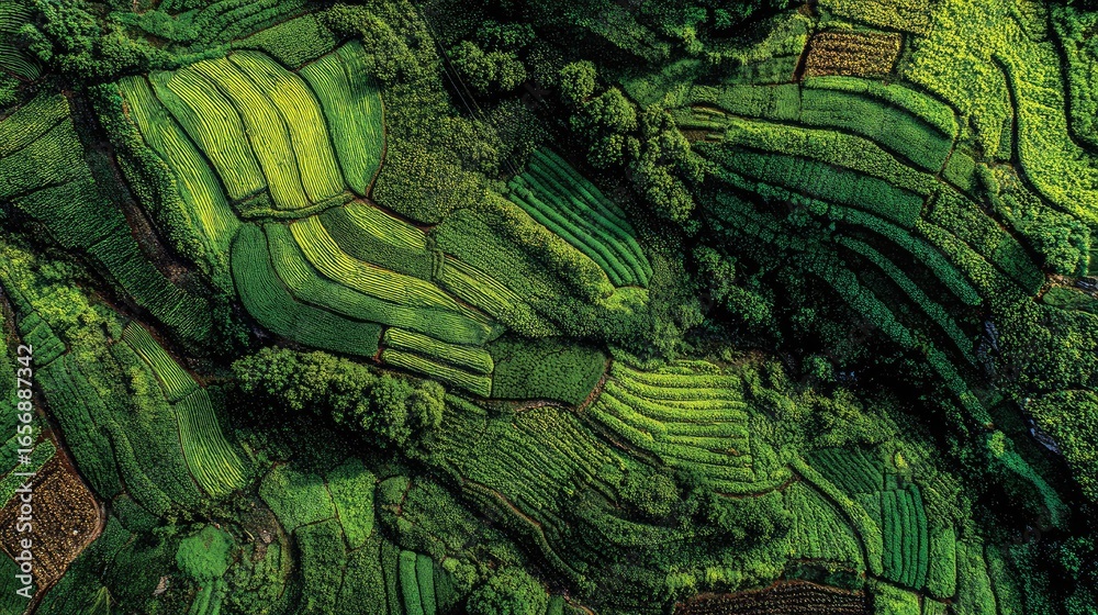 Fototapeta premium Aerial View of Lush Green Terraced Fields with Varied Patterns and Textures in Rural Landscape