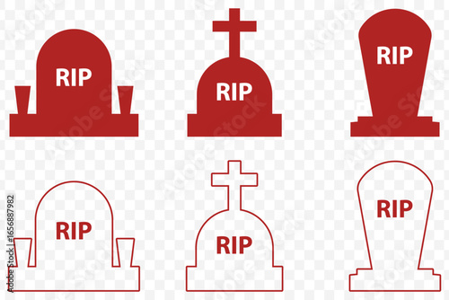 Halloween Graveyard Silhouette Set – Spooky Tombstones and RIP Icons in Blood Red color on Transparent Background. EPS 10.
