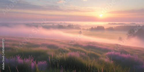 Misty Sunrise Over Lavender Field