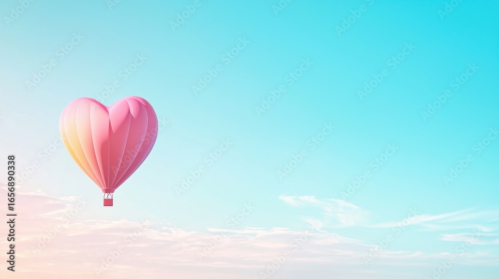 Fototapeta premium heart rainbow Heart shaped hot air balloon floating in a rainbow colored sky, whimsical and adventurous, representing romantic love and travel
