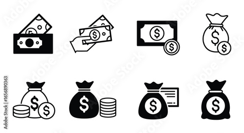 Various money icons including bills coins and bags of dollars