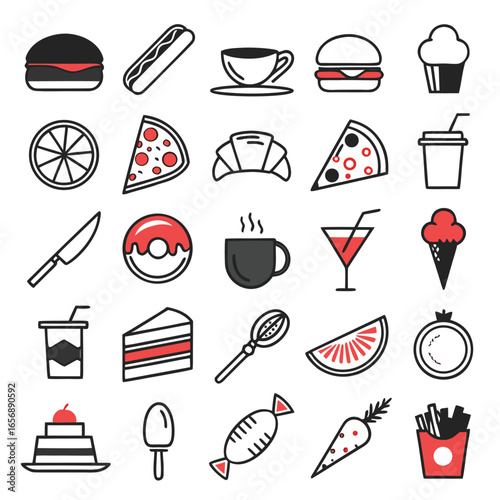A clean, flat vector icon set in minimal modern style, food and drink theme, 20 unique icons arranged in a grid, 