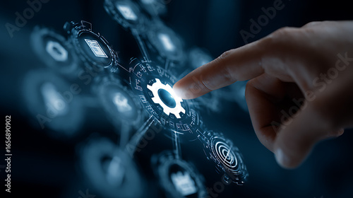 Finger touches glowing gear in digital network touching