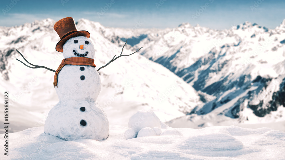 Obraz premium Cheerful snowman in a wintry mountain landscape