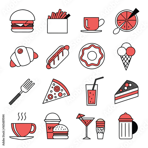 A clean, flat vector icon set in minimal modern style, food and drink theme, 20 unique icons arranged in a grid, 