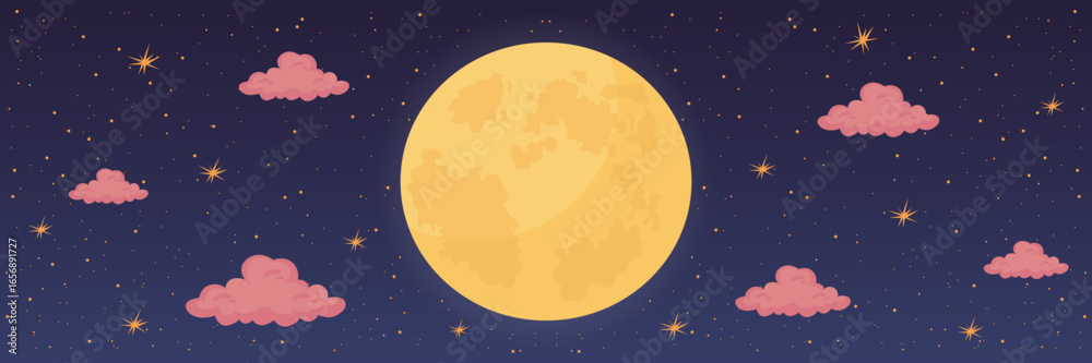 Fototapeta premium Starry night sky with full moon and clouds vector illustration.