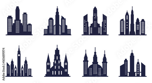 City skylines and buildings in silhouette on white background