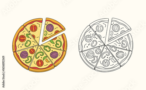 Pizza Illustration Colorful and Line Art Slices