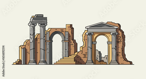 Ancient Roman Ruins Vector Illustration with Columns Arches and Steps Archaeological Site Historical Landmark Ideal for Travel and History Content