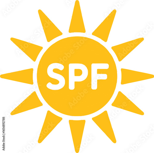 A yellow sun icon with spf in white letters centered inside the sun on a white background illustration