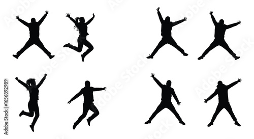 Silhouettes of people jumping in various dynamic poses on white background