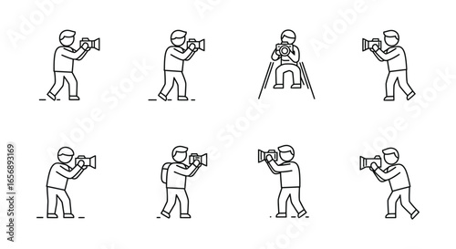 Line drawings of people holding and using various types of cameras