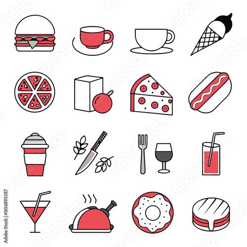 A clean, flat vector icon set in minimal modern style, food and drink theme, 20 unique icons arranged in a grid, 