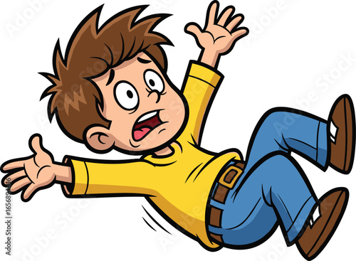 Cartoon boy falling backward, surprised child expression, dynamic action pose, emotional reaction moment, flat vector style, cad drawing flat vector illustration