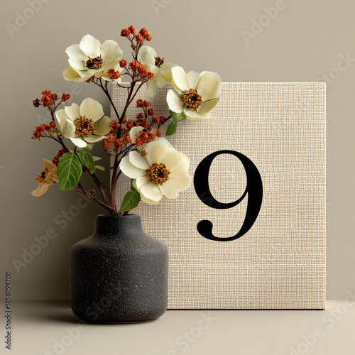 Floral arrangement with a textured background and decorative number in a modern setting