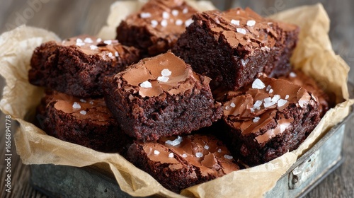 Wallpaper Mural Freshly Baked Chocolate Brownies with Sea Salt Garnish on Rustic Wooden Background Torontodigital.ca