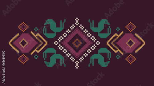 This captivating pattern showcases a seamless blend of traditional and contemporary design elements, featuring intricate geometric shapes and stylized floral motifs on a deep navy backdrop, ,YAKAN CLO