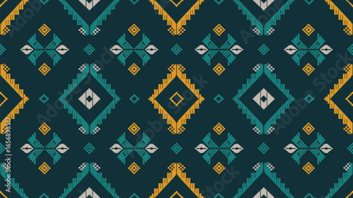 Captivating tribal geometric pattern with vibrant teal and gold diamond motifs on a deep teal background, perfect for textile design and ethnic  ,YAKAN CLOTH SEAMLESS PATTERN