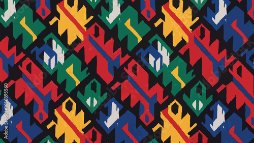 Vibrant geometric textile pattern featuring bold red, blue, yellow, and green shapes on a black background, perfect for modern design and fashion  ,YAKAN CLOTH SEAMLESS PATTERN 