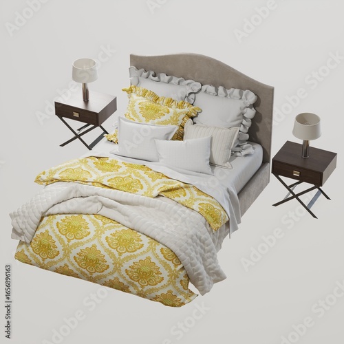 Elegant bed with yellow floral bedding set.