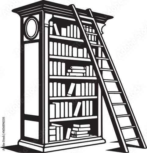 Black and white illustration of a tall library bookshelf with a ladder and ornate top reading literature