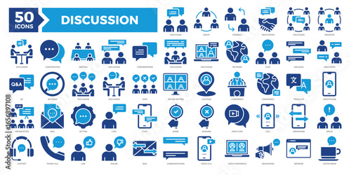 Discussion icons collection set including meetings, chats, calls, feedback, debates, and presentations. Ideal for teamwork, communication apps, forums, and collaboration tools.