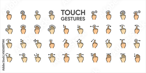 Multitouch gesture icons collection set including taps, swipes, drags, zoom, and rotate. Ideal for UI/UX design, mobile app guides, touchscreen interfaces, and interactive instructions.