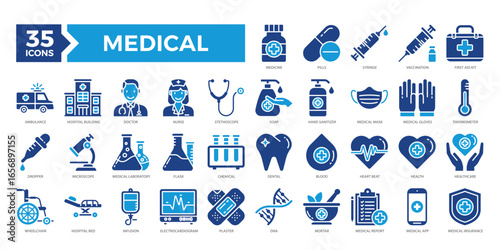Medical icons collection set including medicine, doctors, equipment, and healthcare tools. Ideal for hospitals, clinics, health apps, and medical presentations.