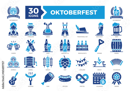 Oktoberfest icons collection set featuring beer, traditional outfits, instruments, and German food. Perfect for event posters, menus, and celebration-themed designs.